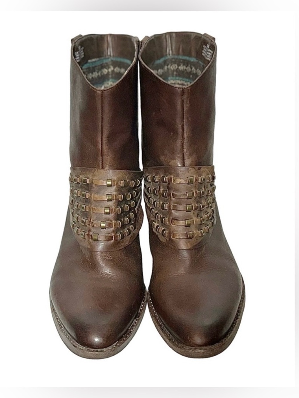 Reba Brown Buckle Leather Western Studded Ankle Boots with Stacked Heel, Size 9M